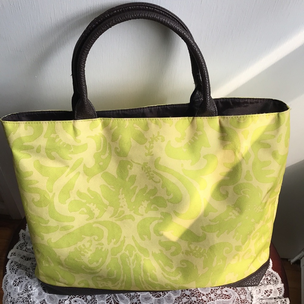 Vintage Estee Lauder Tote Bag Fabric of yellow green & brown Pebbled PVC